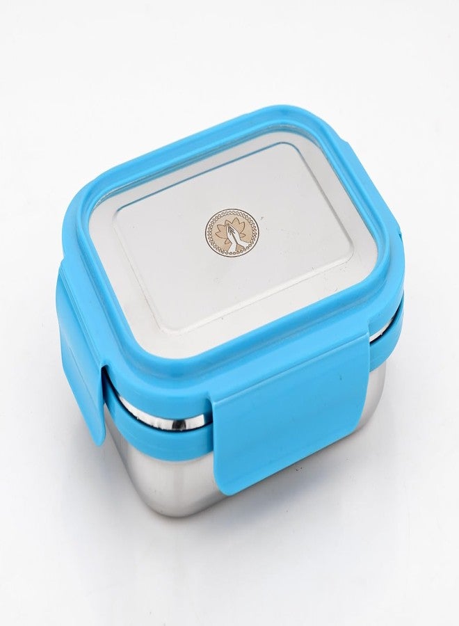 Ammantran Stainless Steel Lunch Box/Toddler Tiffin Box with Blue Lock lid, 2 Compartments 550 ML Ideal for Storing Chapati sabzi, Theplas, Idli Chutney, Dal Curry, etc in School, Office, Picnic. - Image 1