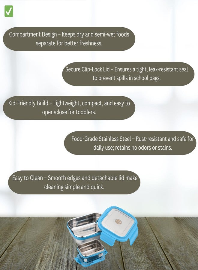 Ammantran Stainless Steel Lunch Box/Toddler Tiffin Box with Blue Lock lid, 2 Compartments 550 ML Ideal for Storing Chapati sabzi, Theplas, Idli Chutney, Dal Curry, etc in School, Office, Picnic. - Image 4