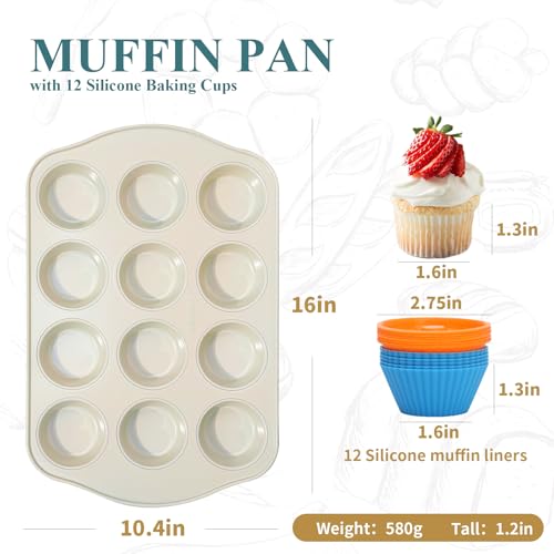 Ymiton Nonstick Muffin Pan with 12 Silicone Baking Cups, Carbon Steel Muffin Tin for Muffins, Cupcakes, Egg Bites and more, Non Toxic, Easy to Clean, Dishwasher Safe, Sunshine Cream - Image 3