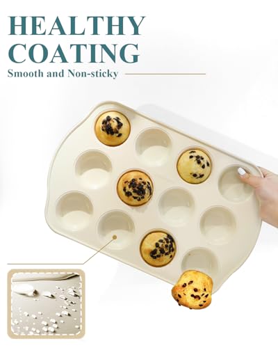 Ymiton Nonstick Muffin Pan with 12 Silicone Baking Cups, Carbon Steel Muffin Tin for Muffins, Cupcakes, Egg Bites and more, Non Toxic, Easy to Clean, Dishwasher Safe, Sunshine Cream - Image 4