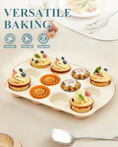 Ymiton Nonstick Muffin Pan with 12 Silicone Baking Cups, Carbon Steel Muffin Tin for Muffins, Cupcakes, Egg Bites and more, Non Toxic, Easy to Clean, Dishwasher Safe, Sunshine Cream - Image 2