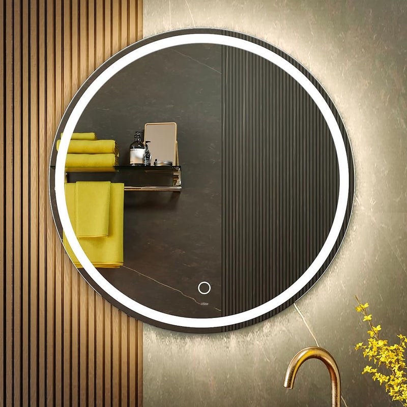 KWW 28 Inch Large Modern LED Round Bathroom Vanity Mirror Color Temperature Adjustable AntiFog Dimmable Lights Easy to Install Wall Mounted Makeup Mirror with Smart Touch Button