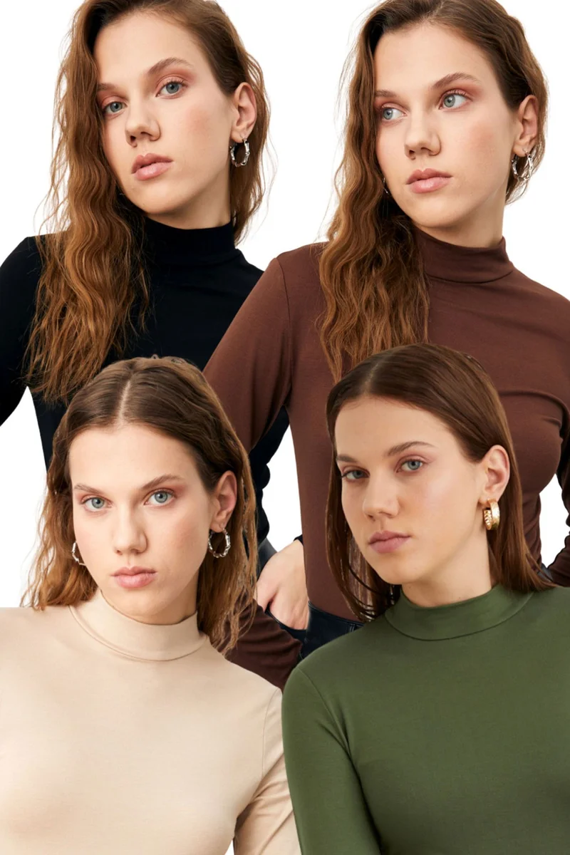 بيبانتولون BIPANTOLON Women's 4-Pack Slim Fit Turtleneck Bodysuits