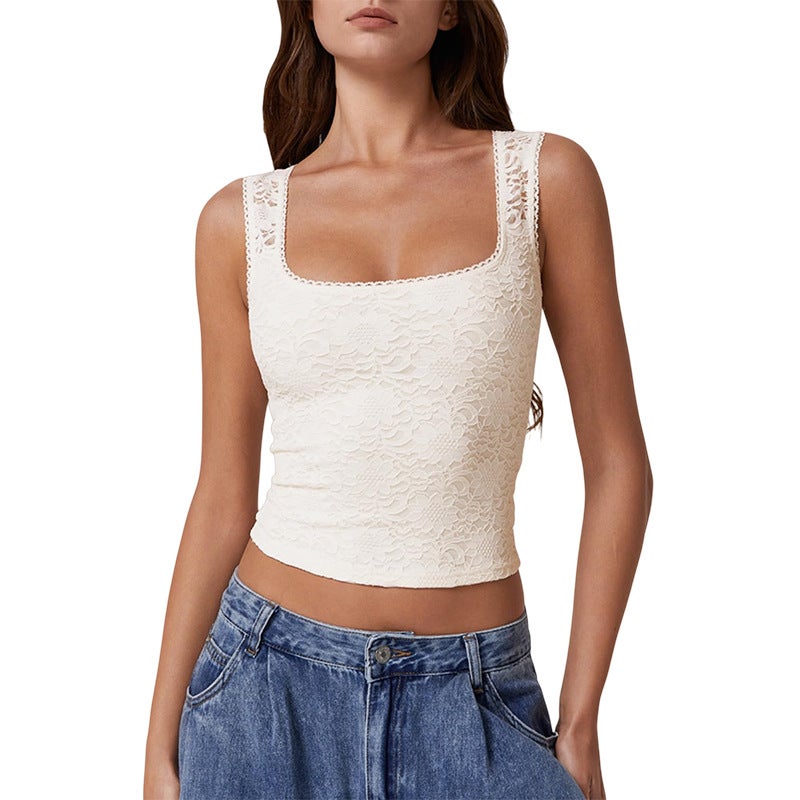 Women's Lace Trim Square Neck Sleeveless Vest, Cropped, Slim Fit - Image 4