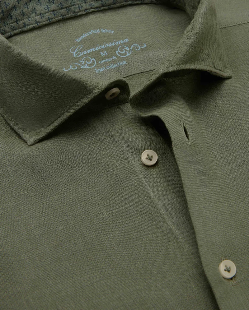 كاميتشسما Trendy Military Green Linen Slim Comfort Shirt