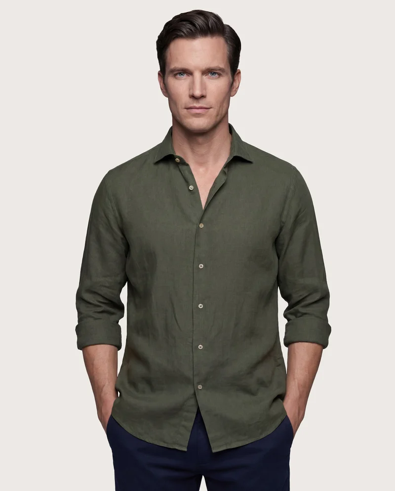 كاميتشسما Trendy Military Green Linen Slim Comfort Shirt