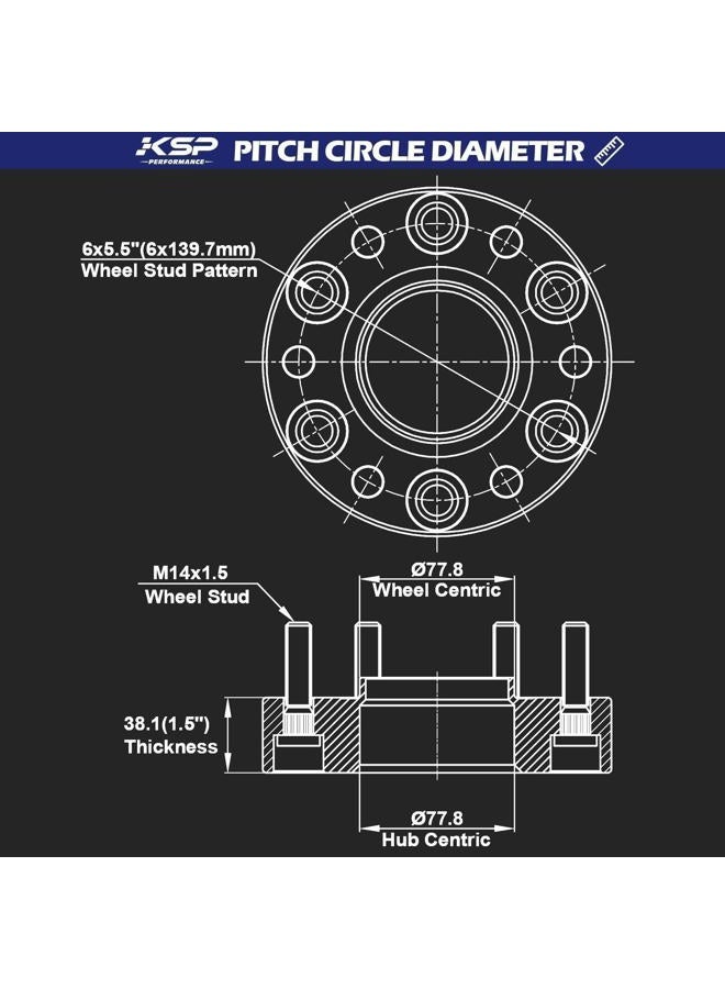KSP PERFORMANCE KSP 6X5.5 Wheel Spacers for Ram 1500 2019-2022,1.5"(38mm) Real Forged Hub Centric Tire Spacer with 77.8mm Hub Bore M14x1.5 Studs/Bolts fit for 6X139.7mm Dodge Ram 1500,Package of 4pcs Black - Image 2