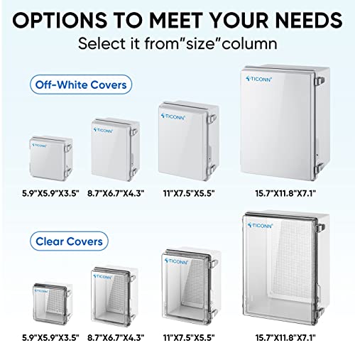 TICONN Waterproof Electrical Junction Box IP67 ABS Plastic Enclosure with Hinged Cover with Mounting Plate, Wall Brackets, Cable Glands (Off-White, 8.7"x6.7"x4.3") - Image 3