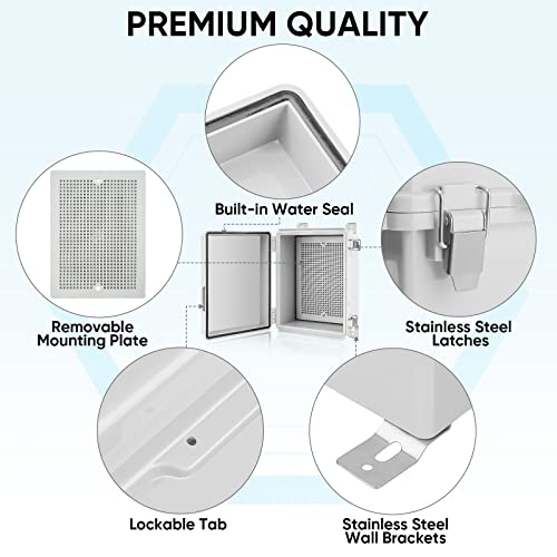 TICONN Waterproof Electrical Junction Box IP67 ABS Plastic Enclosure with Hinged Cover with Mounting Plate, Wall Brackets, Cable Glands (Off-White, 8.7"x6.7"x4.3") - Image 4
