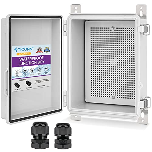 TICONN Waterproof Electrical Junction Box IP67 ABS Plastic Enclosure with Hinged Cover with Mounting Plate, Wall Brackets, Cable Glands (Off-White, 8.7"x6.7"x4.3") - Image 1