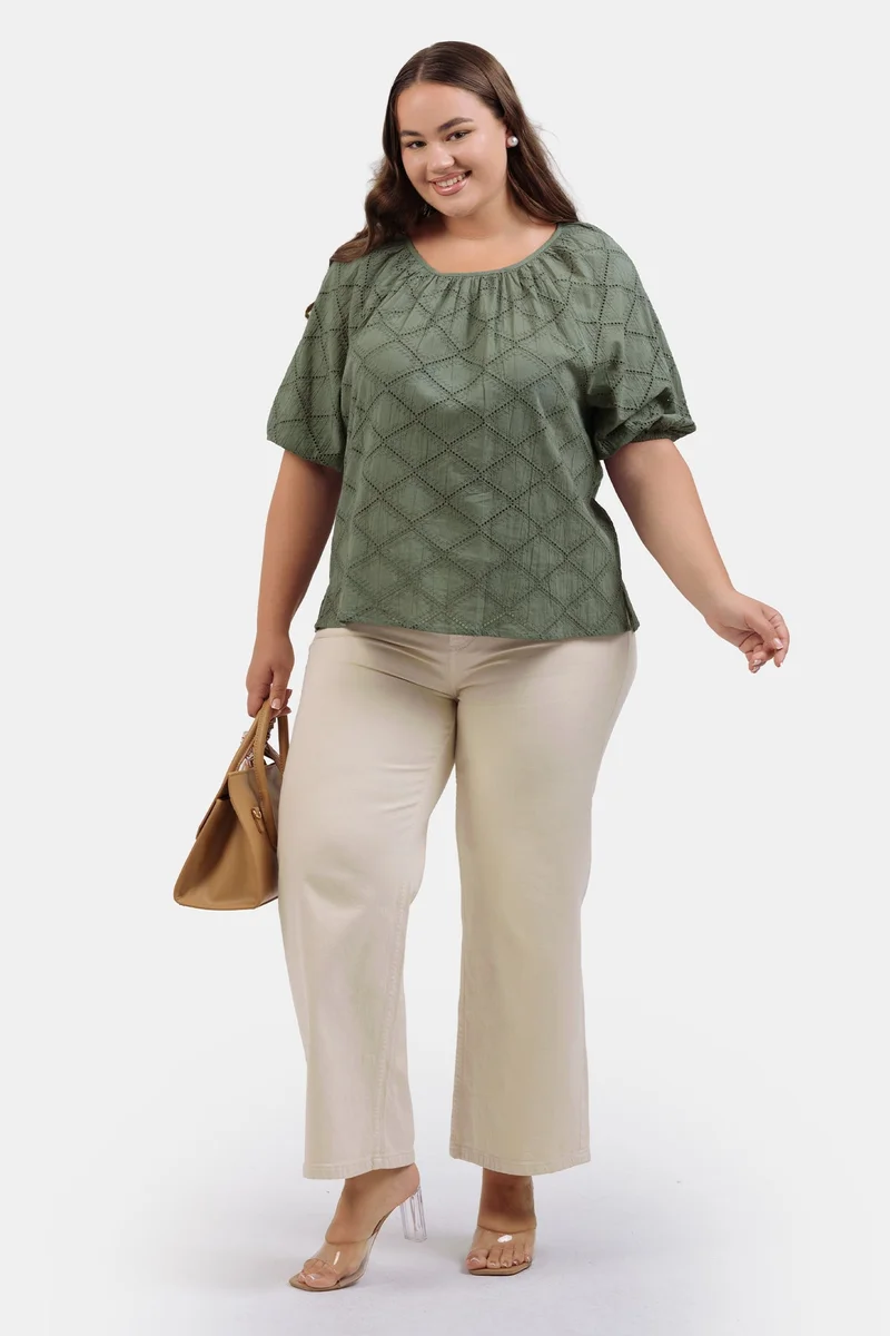 فيرجيو Embroidered Cotton Schiffli Flared Plus Size Top for Women