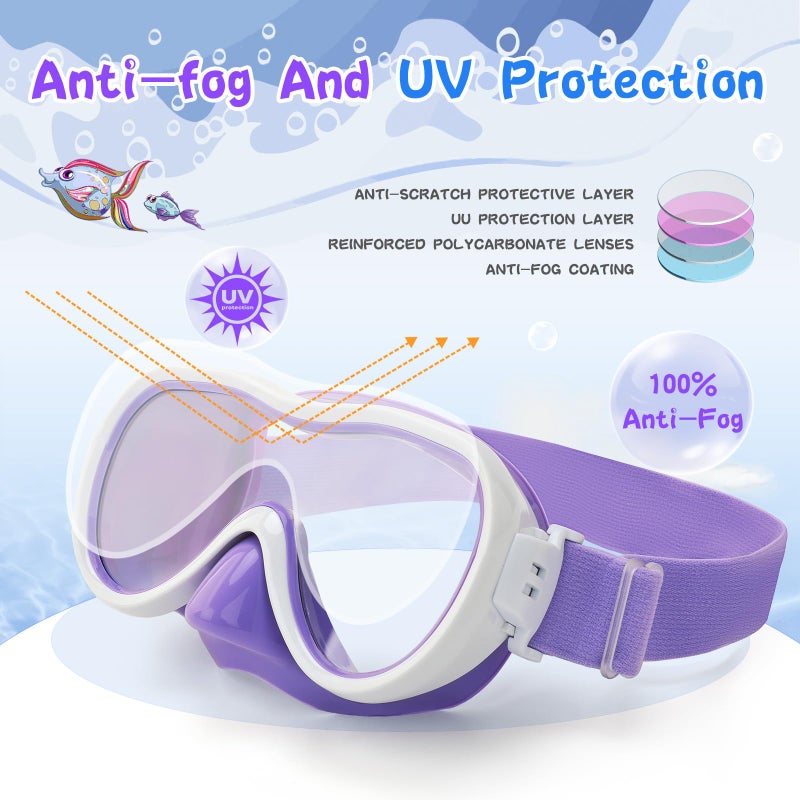 Wave Kids Swim Goggles, Anti-Leak Snork Mask Diving Mask with Nose Cover & Elastic Fabric Strap, UV Protection Swimming Goggles with Mesh Bag & Ear Plugs for Kids Boys Girls - Image 3