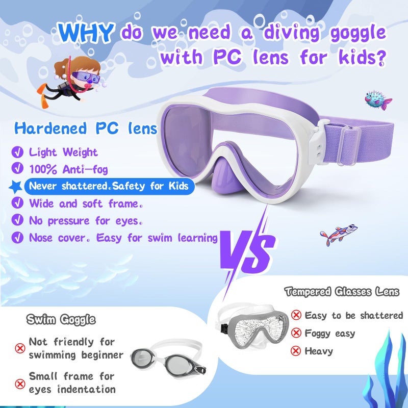Wave Kids Swim Goggles, Anti-Leak Snork Mask Diving Mask with Nose Cover & Elastic Fabric Strap, UV Protection Swimming Goggles with Mesh Bag & Ear Plugs for Kids Boys Girls - Image 4