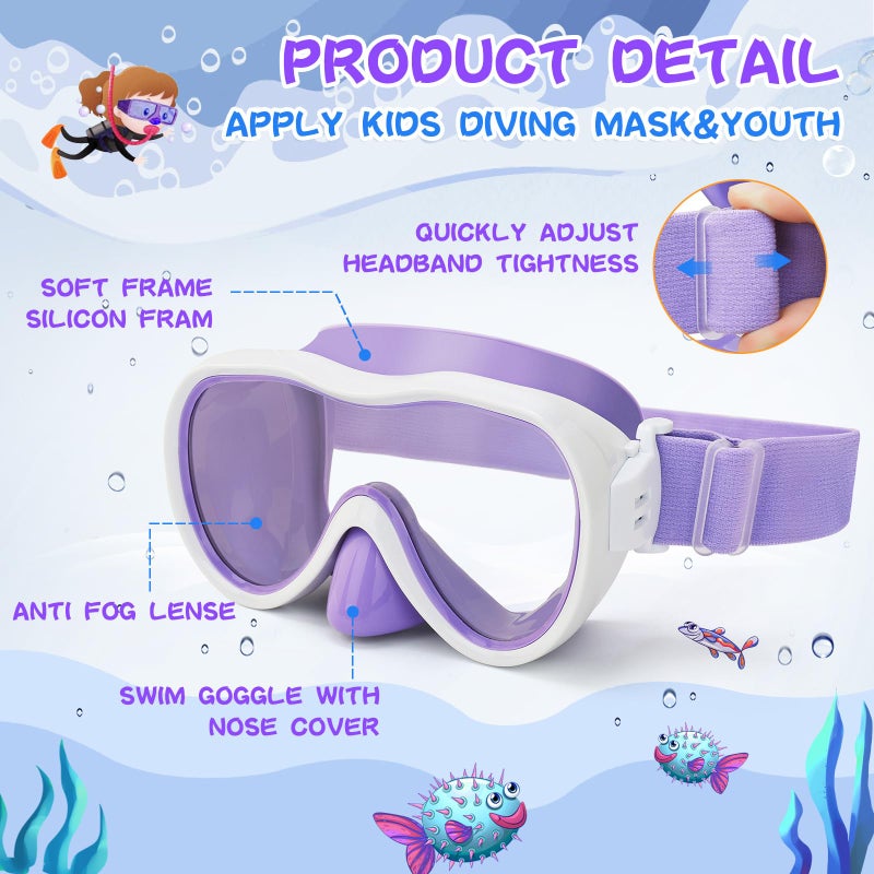 Wave Kids Swim Goggles, Anti-Leak Snork Mask Diving Mask with Nose Cover & Elastic Fabric Strap, UV Protection Swimming Goggles with Mesh Bag & Ear Plugs for Kids Boys Girls - Image 5