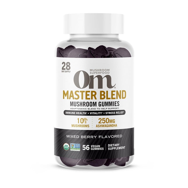 Om Mushroom Superfood Master Blend Mushroom Gummies, 56 Count, 28 Servings, Mixed Berry Flavor, 10 Mushroom Complex, Lions Mane, Chaga, Cordyceps, Adaptogens for Immune Health, Vitality, Stress Relief - Image 1