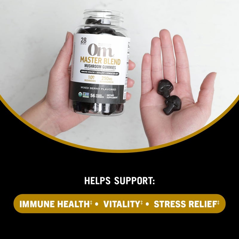 Om Mushroom Superfood Master Blend Mushroom Gummies, 56 Count, 28 Servings, Mixed Berry Flavor, 10 Mushroom Complex, Lions Mane, Chaga, Cordyceps, Adaptogens for Immune Health, Vitality, Stress Relief - Image 3