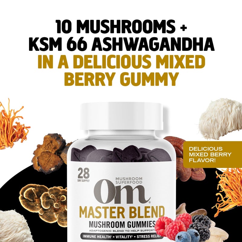 Om Mushroom Superfood Master Blend Mushroom Gummies, 56 Count, 28 Servings, Mixed Berry Flavor, 10 Mushroom Complex, Lions Mane, Chaga, Cordyceps, Adaptogens for Immune Health, Vitality, Stress Relief - Image 4