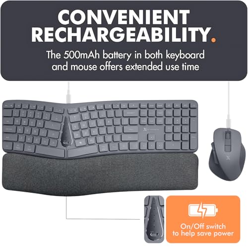 X9 Performance X9 Gray Ergonomic Keyboard and Mouse Wireless Combo - Split Keyboard and Mouse Set, Bluetooth/2.4G, Soft Wrist Rest, Rechargeable, Silent Keys, Multi-Device for Laptop, PC, Mac, iOS, Android - Image 5