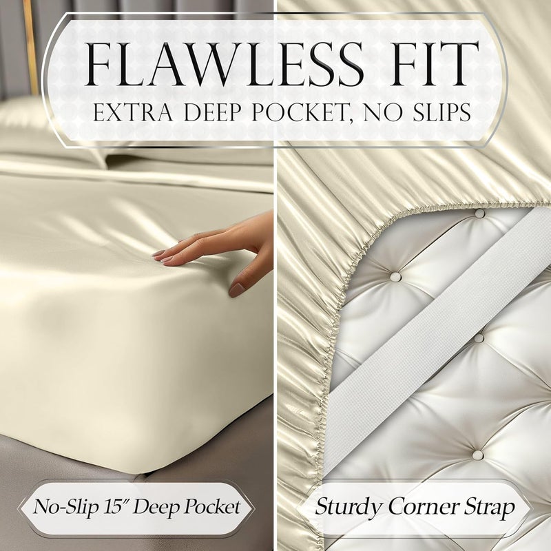DECOLURE Satin Sheets King Size Set 4 Pcs - Silky & Luxuriously Soft Satin Bed Sheets w/ 15inch Deep Pocket - Similar to Silk Sheets - Double Stitching, Wrinkle Free (Champagne) - Image 5