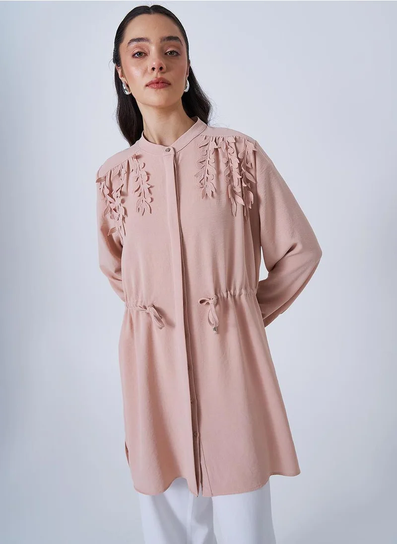 Kayra Drawstring Waist Mandarin Collar Tunic in Powder Pink