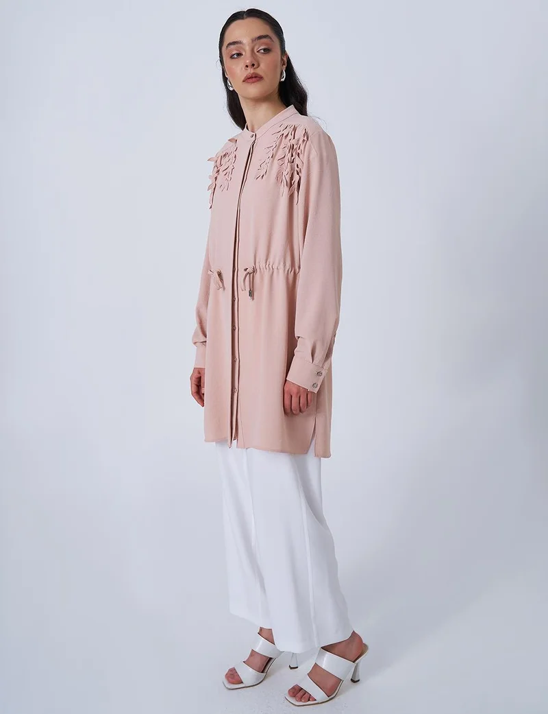 Kayra Drawstring Waist Mandarin Collar Tunic in Powder Pink