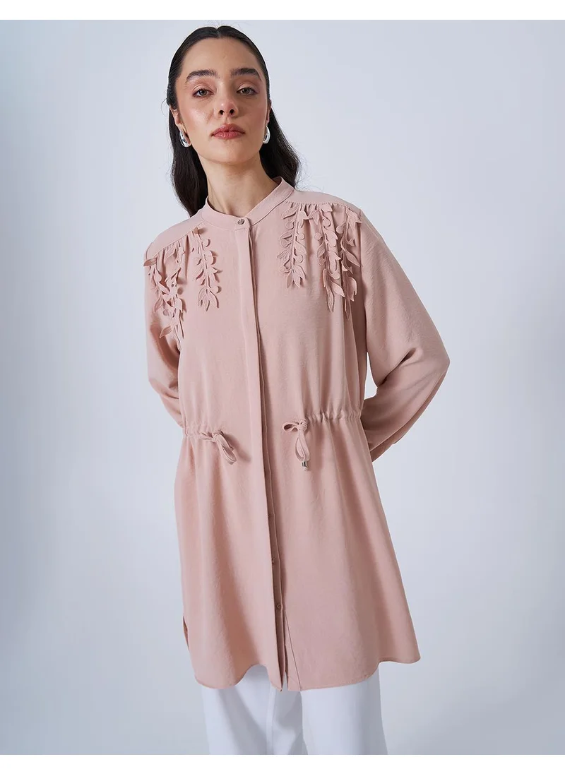 Kayra Drawstring Waist Mandarin Collar Tunic in Powder Pink