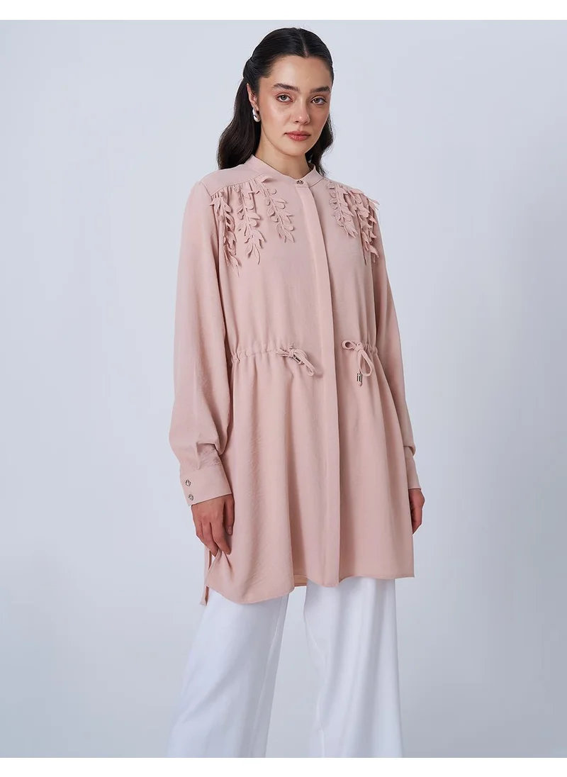 Kayra Drawstring Waist Mandarin Collar Tunic in Powder Pink