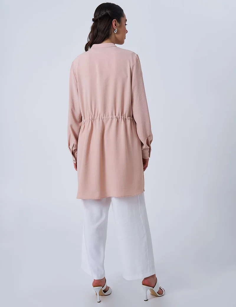 Kayra Drawstring Waist Mandarin Collar Tunic in Powder Pink