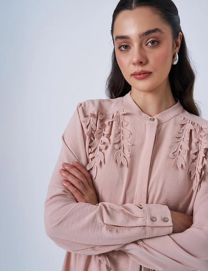 Kayra Drawstring Waist Mandarin Collar Tunic in Powder Pink