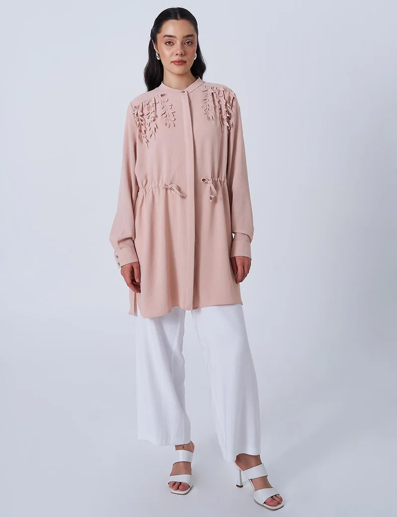 Kayra Drawstring Waist Mandarin Collar Tunic in Powder Pink