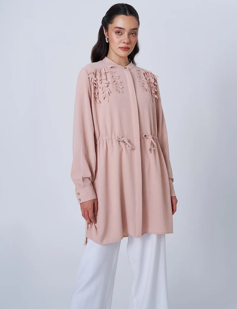 Kayra Drawstring Waist Mandarin Collar Tunic in Powder Pink