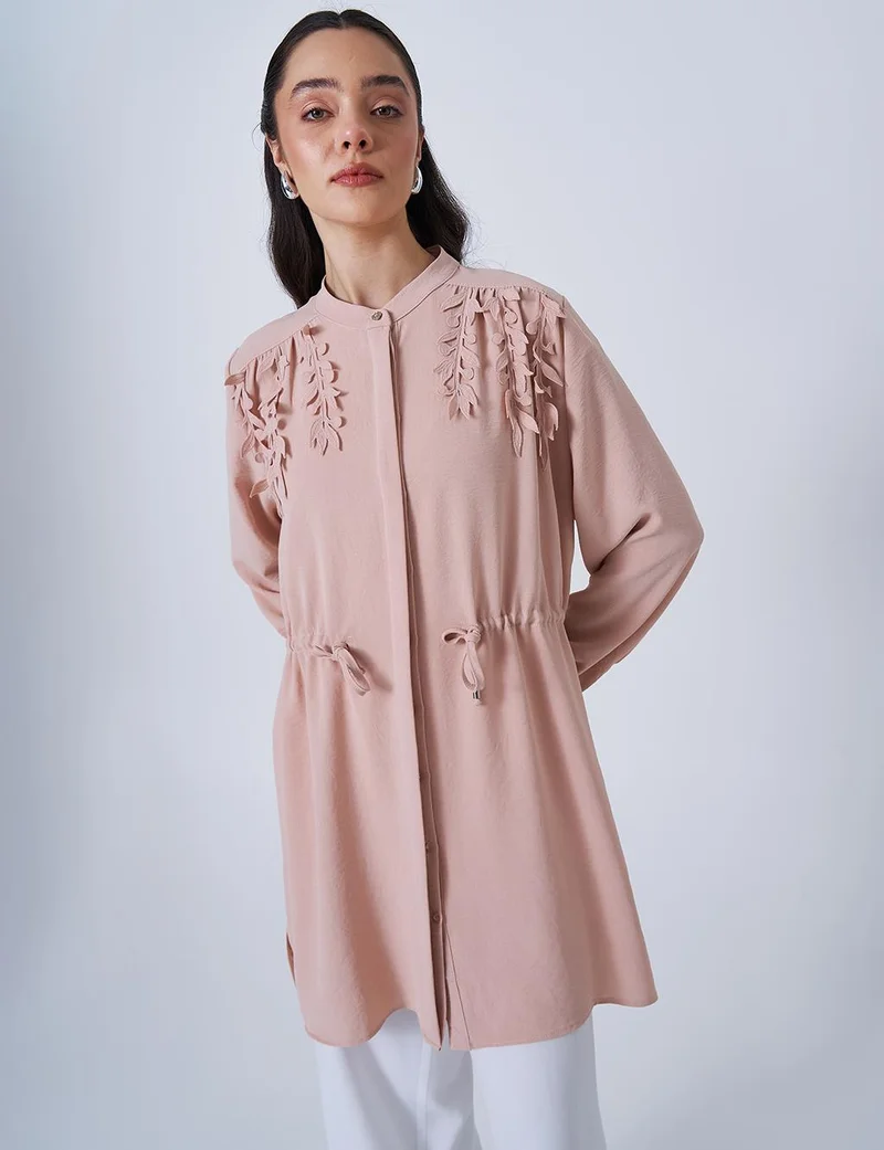 Kayra Drawstring Waist Mandarin Collar Tunic in Powder Pink