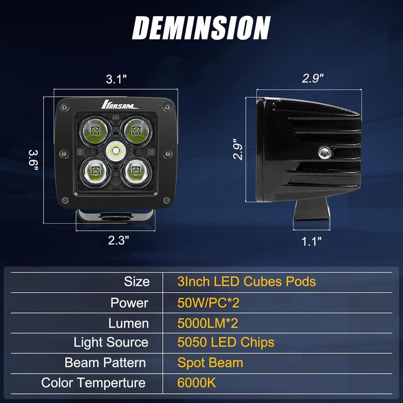 KARSAM 2PCS 3-Inch LED Pods Light - Waterproof Fog Light with Adjustable Bracket for Trucks, SUVs, ATVs, and Boats - Image 2