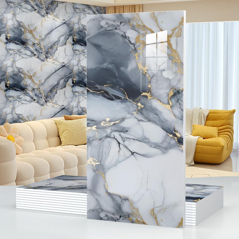 Chejiaye 10pcs Thick Marble Peel and Stick Waterproof Wall Panels,Heat-Resistant Backsplash Tile, 23.6"x11.8" PVC Foam Wall Sticker for Kitchen,Living Rooms,TV Walls,Blue and Gold (Not Real Tile 19.4Sq. Ft.) - Image 1