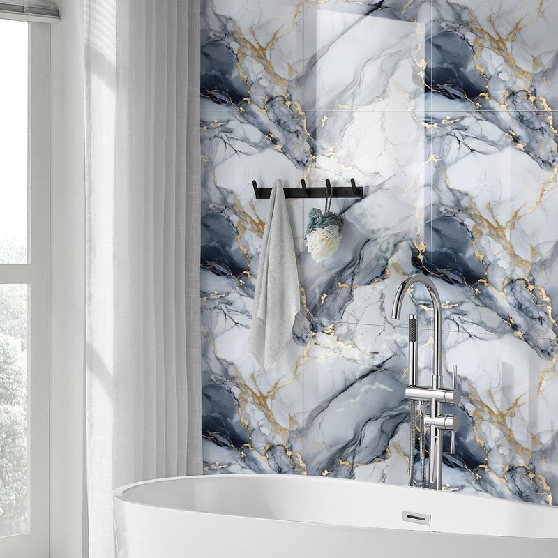 Chejiaye 10pcs Thick Marble Peel and Stick Waterproof Wall Panels,Heat-Resistant Backsplash Tile, 23.6"x11.8" PVC Foam Wall Sticker for Kitchen,Living Rooms,TV Walls,Blue and Gold (Not Real Tile 19.4Sq. Ft.) - Image 3