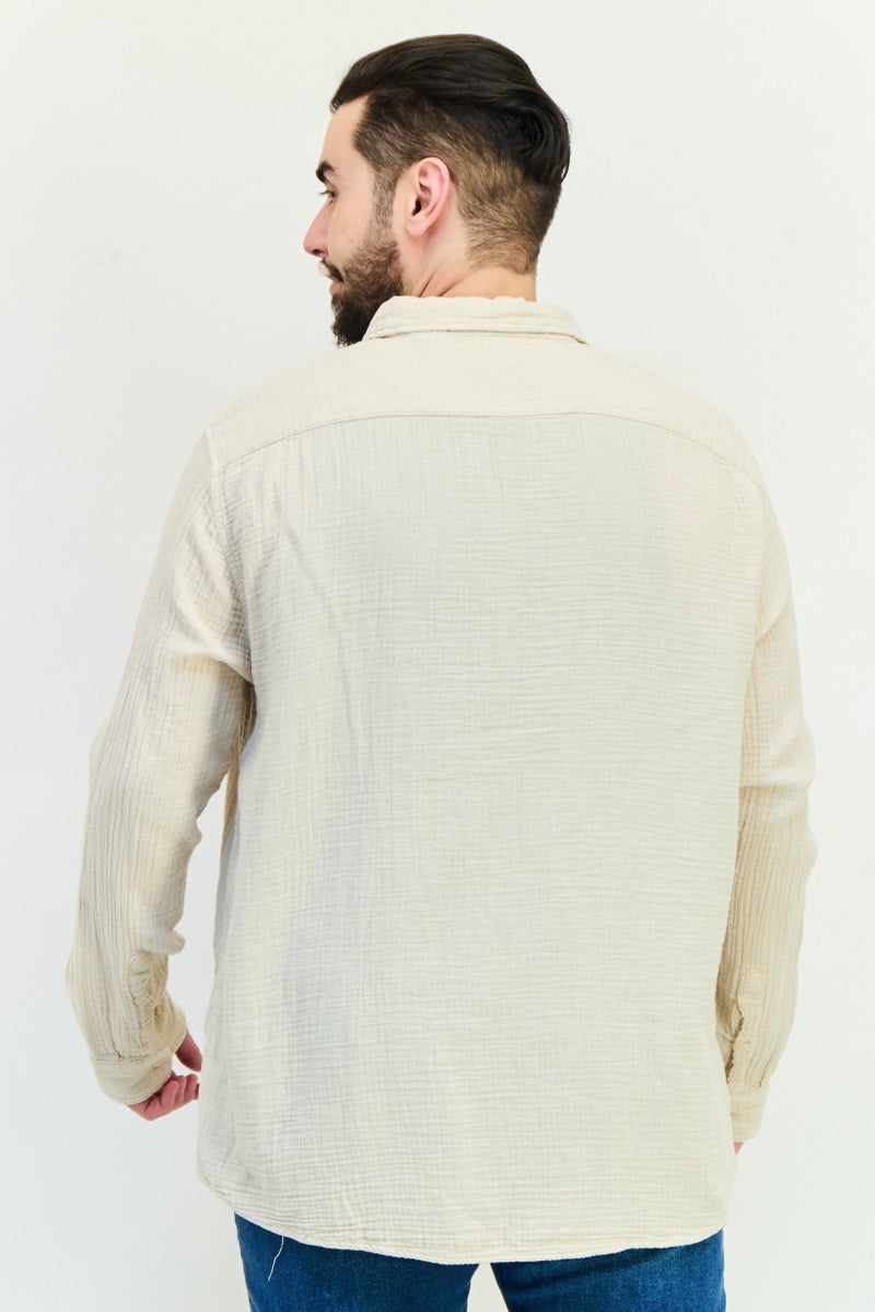 Celio Men Regular Fit Textured Long Sleeves Casual Shirt, Beige - Image 3