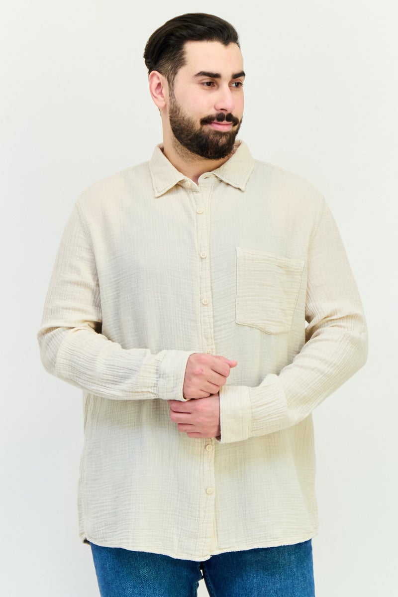 Celio Men Regular Fit Textured Long Sleeves Casual Shirt, Beige - Image 1