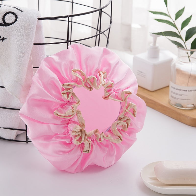 Household double-layer waterproof shower cap PEVA thickened womens oil-proof shampoo bath cap Pink 