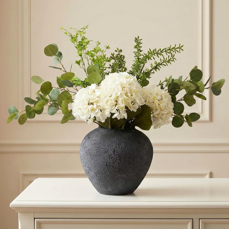 RyddeligHome Faux Arrangement - Eucalyptus & White Hydrangea Flowers, Large Artificial Floral Greenery Centerpieces for Tables, Modern Farmhouse Decor for Dining Room, Kitchen & Coffee Table, 30 inches Tall - Image 1