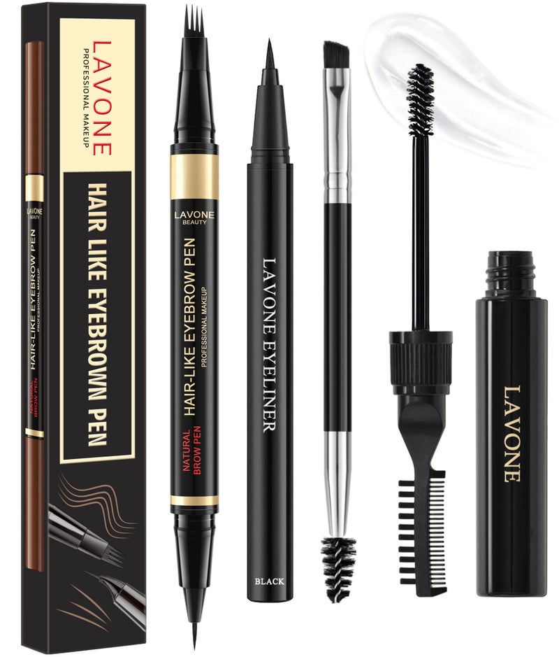 LAVONE Eyebrow Pencil Kit, with Microblading Eyebrow Pen, Eyebrow Gel, Eyeliner, Eyebrow Brush, Eyebrow Pencils for Women, Waterproof, Smudge Proof, Long Lasting Makeup Formula - Dark Brown - Image 1