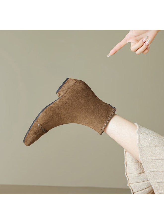 dme Demana [lazy Commute] 25 Years Winter Elastic Upper Woven Spliced Suede Square Heel Soft Sole Ankle Boots For Women - Image 1