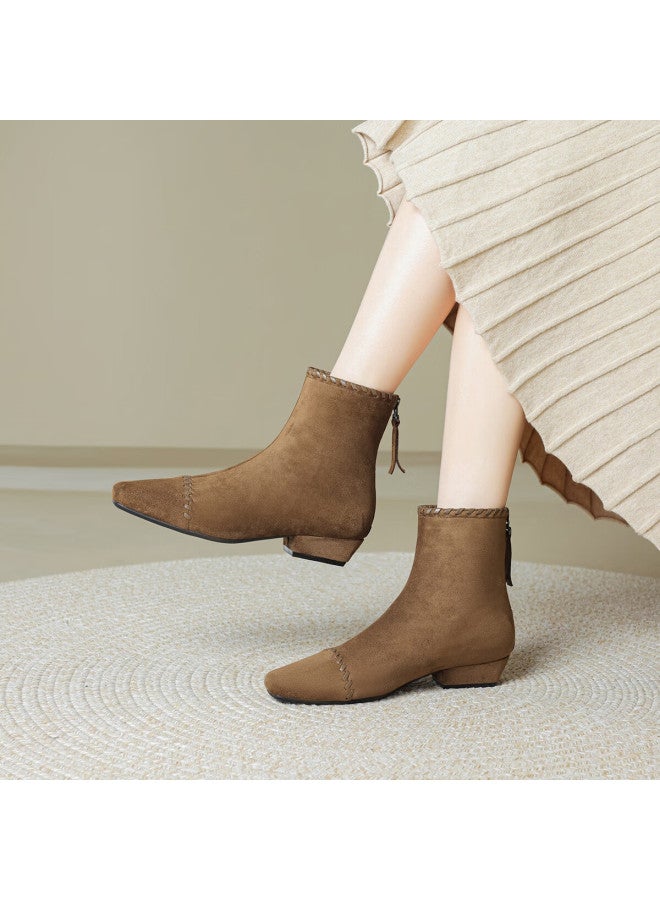 dme Demana [lazy Commute] 25 Years Winter Elastic Upper Woven Spliced Suede Square Heel Soft Sole Ankle Boots For Women - Image 2