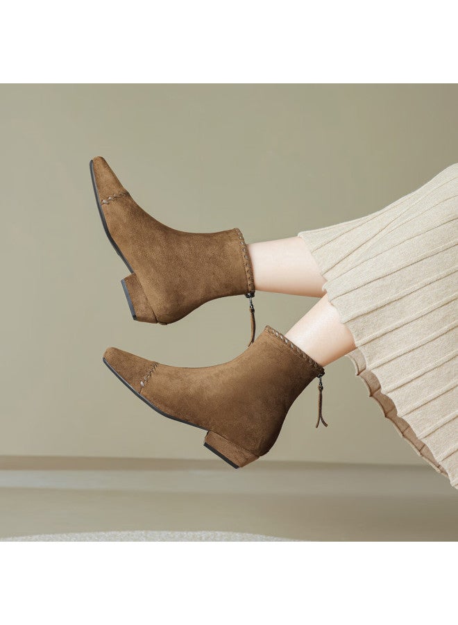 dme Demana [lazy Commute] 25 Years Winter Elastic Upper Woven Spliced Suede Square Heel Soft Sole Ankle Boots For Women - Image 4