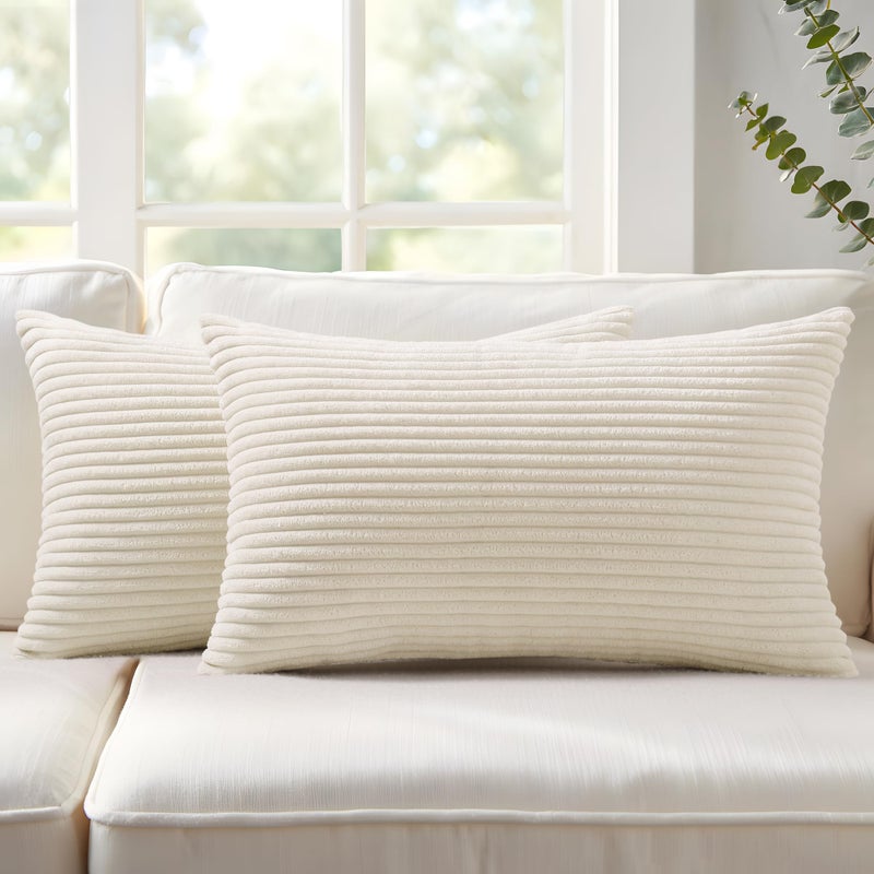 Mecatny Corduroy Summer Decorative Throw Pillow Covers 12x20 Set of 2 for Sofa Living Room Soft Neutral Boho Couch Pillow Covers for Home Decor Cream White - Image 2