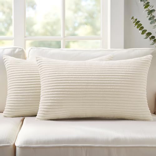 Mecatny Corduroy Summer Decorative Throw Pillow Covers 12x20 Set of 2 for Sofa Living Room Soft Neutral Boho Couch Pillow Covers for Home Decor Cream White - Image 1