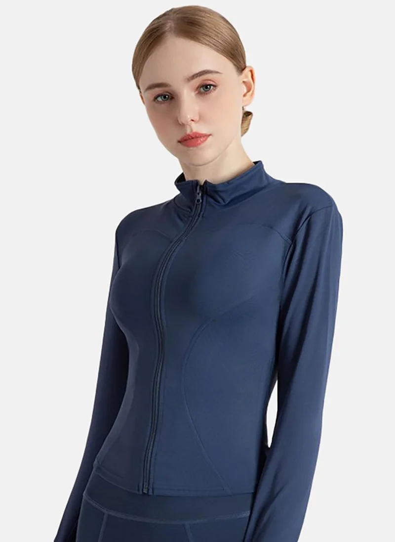 يونيكي Blue Solid Slim Fit High Neck Jacket