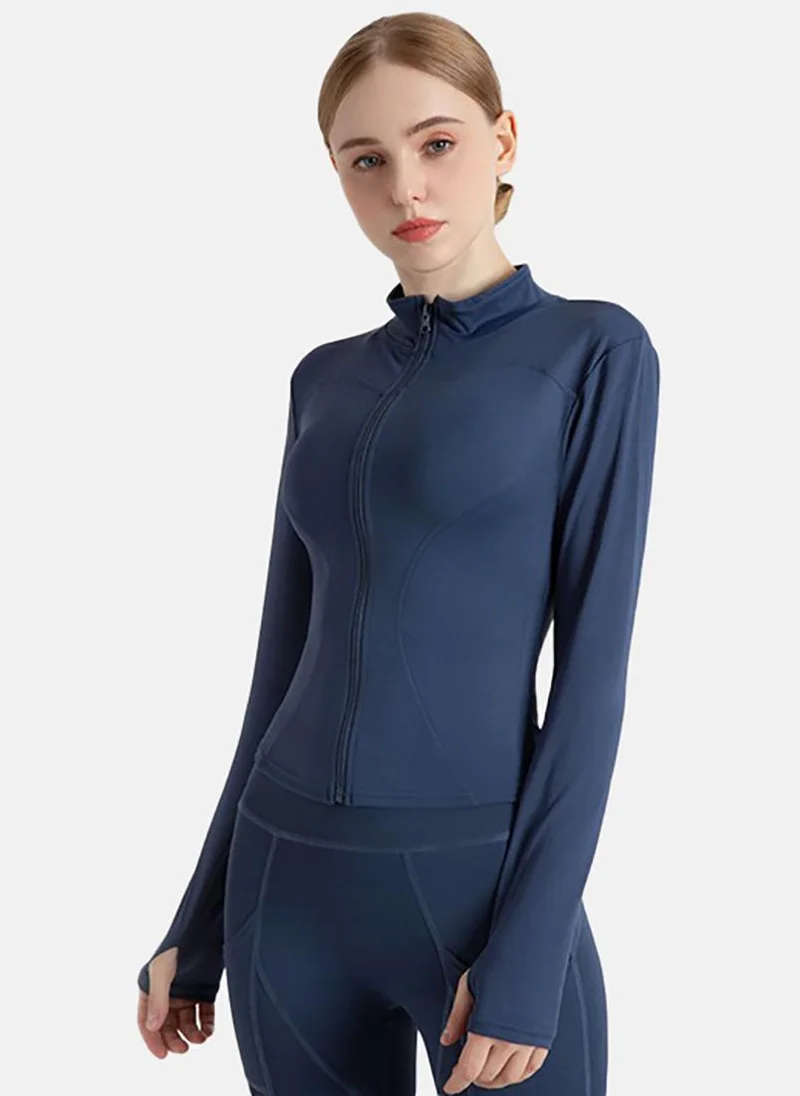 يونيكي Blue Solid Slim Fit High Neck Jacket