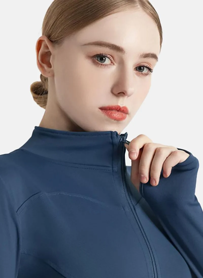 يونيكي Blue Solid Slim Fit High Neck Jacket