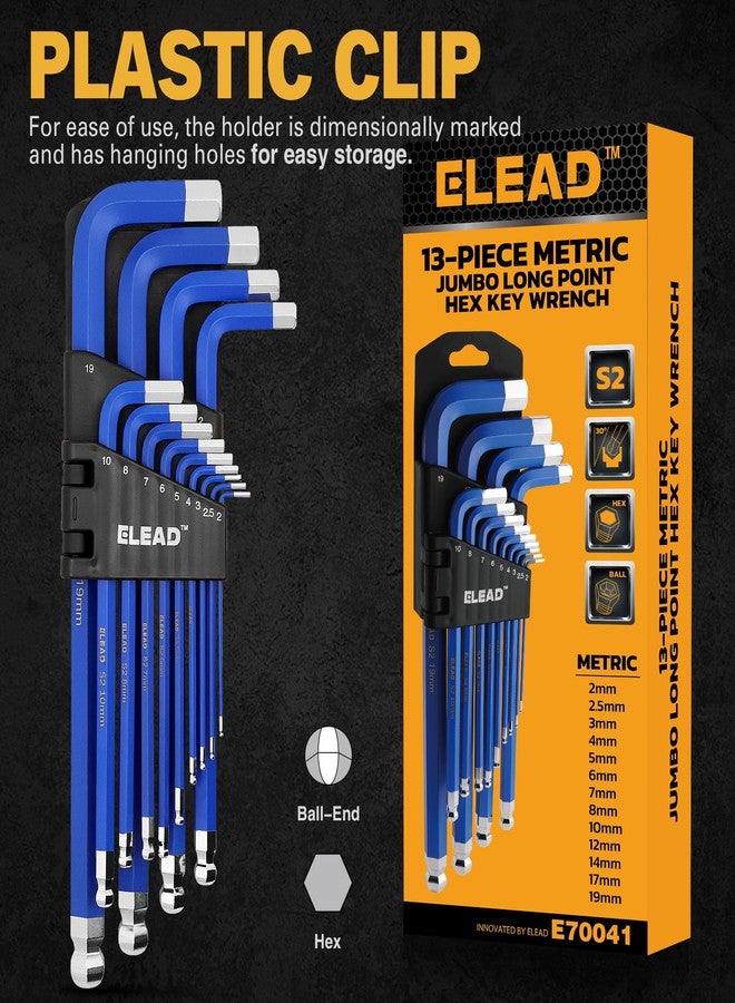 ELEAD مجموعة مفاتيح ألين سداسية كبيرة الحجم من إيلياد | 13 قطعة مترية 2-19 مم | رأس كروي طويل متين من الفولاذ S2 | للسيارات | الميكانيكا | الأثاث | أدوات احترافية - Image 2