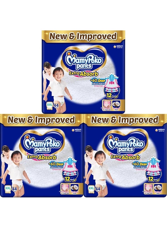 MamyPoko Pants Extra Absorb Baby Diapers, XX-Large (XXL), 44 Count, 15-25kg (Pack of 3)